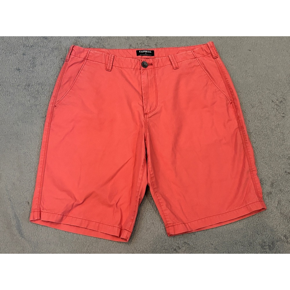 Express Mens Chino Shorts Coral Pink Salmon Cotton Flat Front Size 32 Casual
